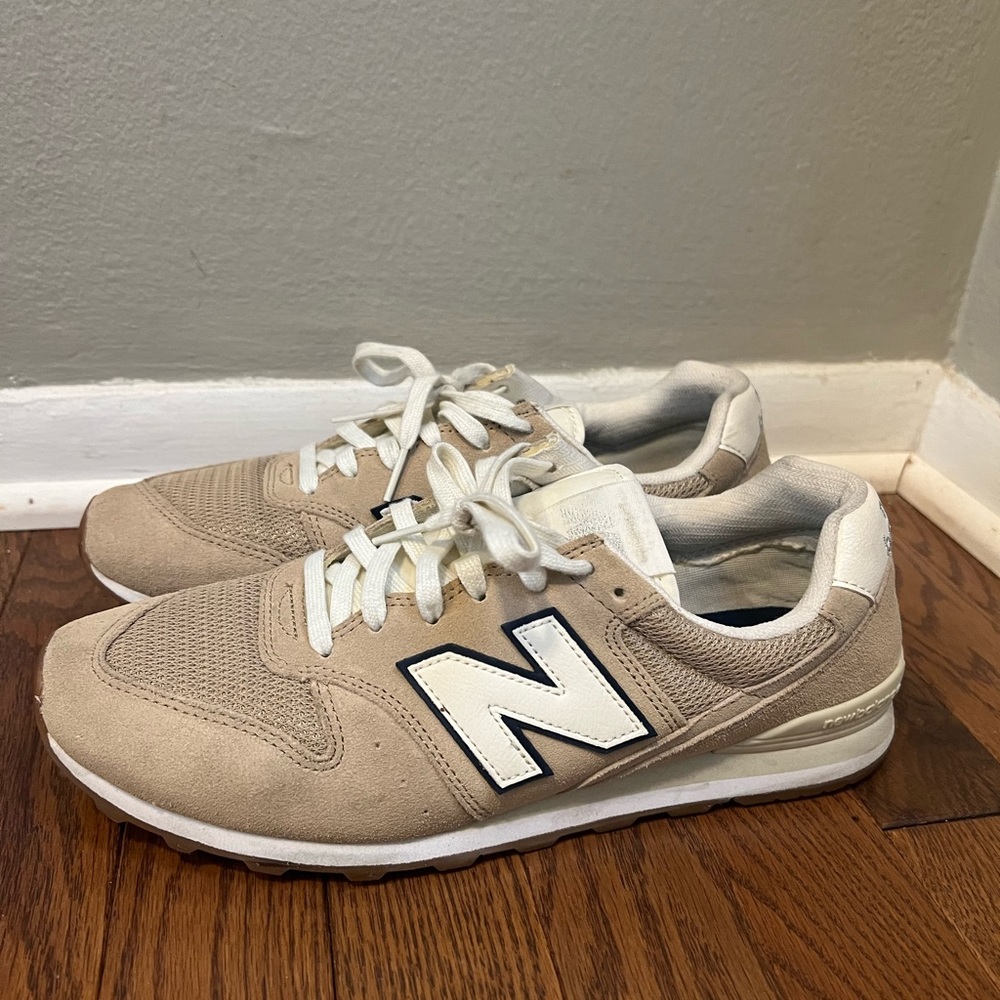 Tan New Balance sneakers with Navy Blue trim